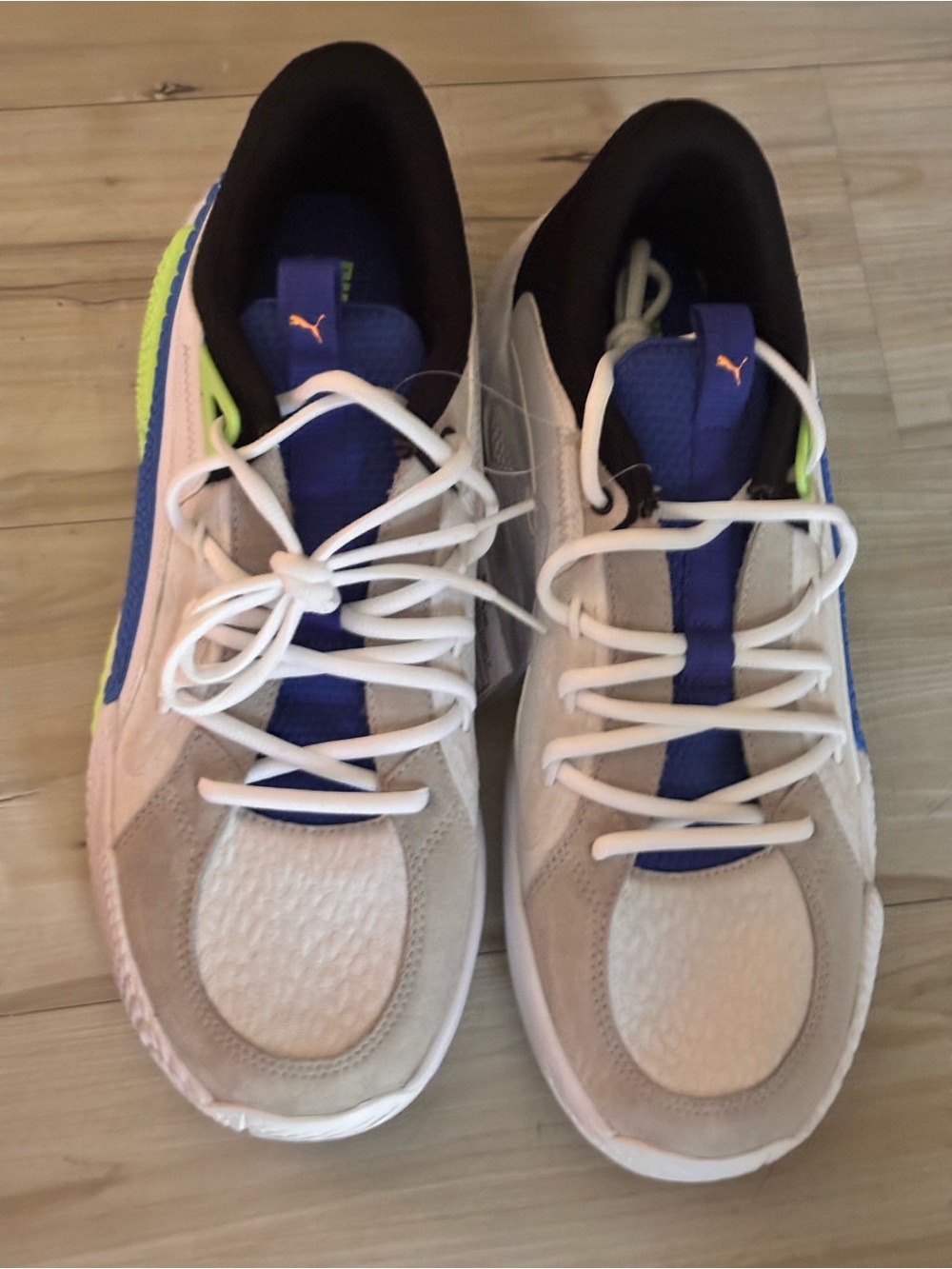 Puma White, Blue & Neon Green Retro-Style Sneakers